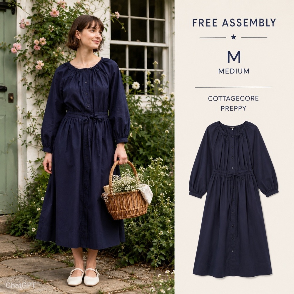 Free Assembly LS Maxi Shirt Dress Women M Navy Gathered Pockets Cottage Preppy
